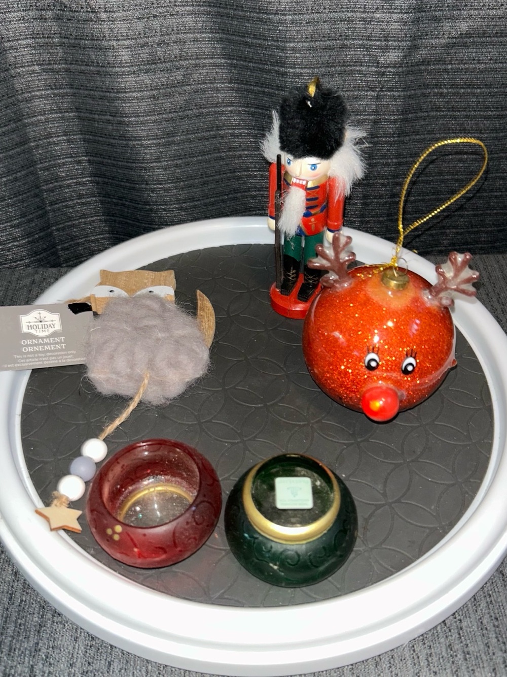 Festive Orange Glitter Reindeer Ornament with Red Nose